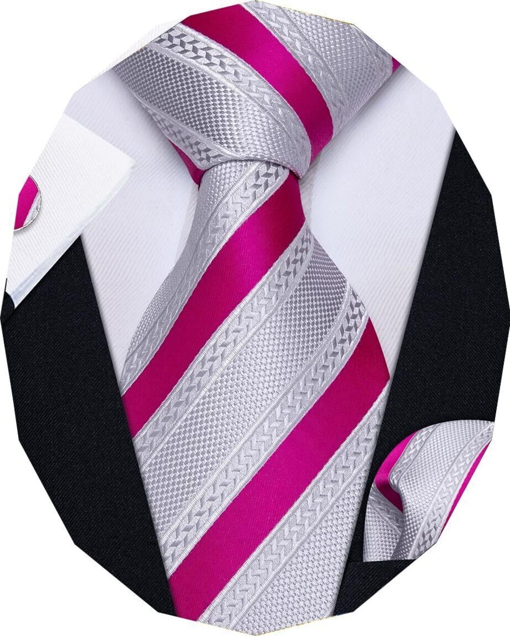 1284 Silver Pink Ties Striped Tie Woven Silk Necktie Handkerchief Cufflinks